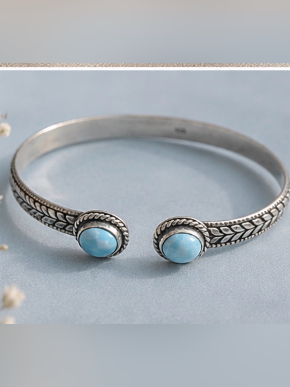 Silver Open Cuff Bracelet with Light Blue Stone